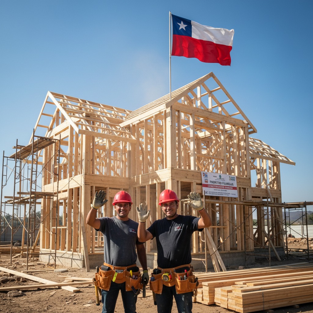 Dos obreros con cascos rojos y cinturones de herramientas saludan frente a la estructura de madera de una casa en construcción con una bandera chilena en el techo.